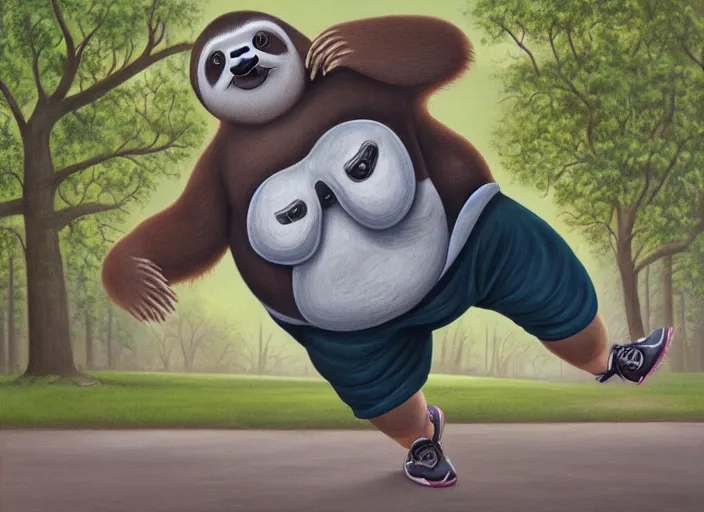 Image similar to anthro fat sloth going for a run in the park, wearing running sneakers and a muscle tee - shirt, dynamic active running pose, an ultrafine detailed painting by mark ryden, trending on deviantart, pop surrealism, whimsical, lowbrow, grotesque