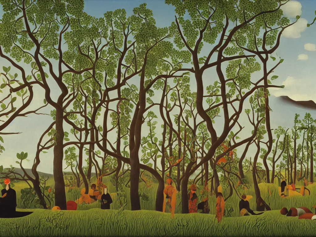 Image similar to Painting by Henri Rousseau depicting people wearing wild, tribal masks in an Icelandic sublime landscape.