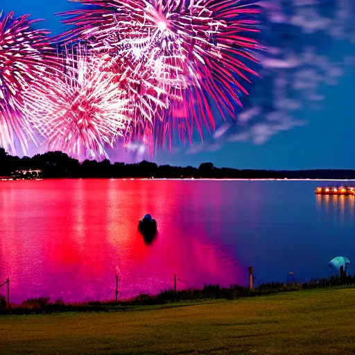 Prompt: lovebird watching fireworks show at a lake, reflective, sunset, landscape photography, nature, stones