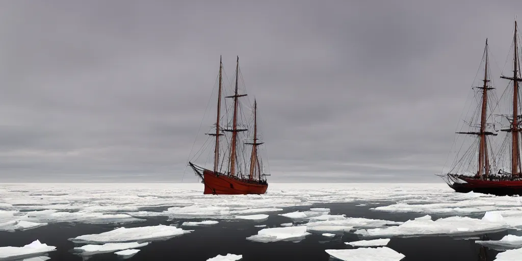 Image similar to 1840s sailship stuck in sea ice, wide angle shot, HD, frozen sea, ice seracs