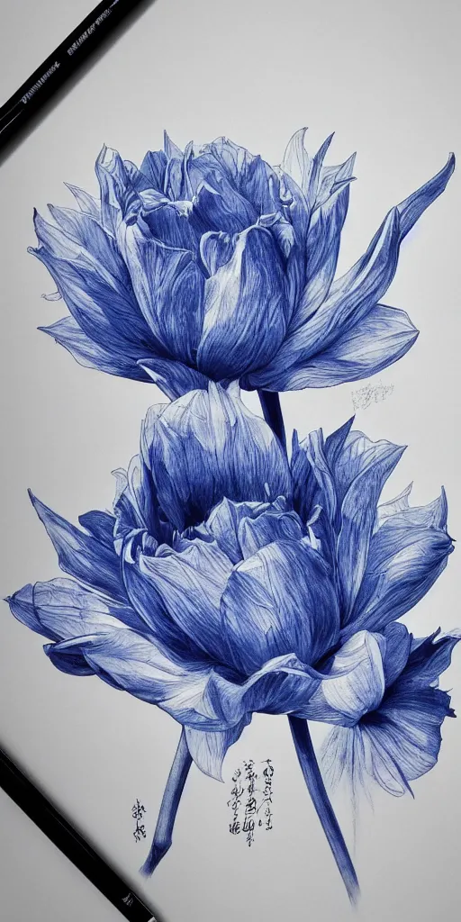 Image similar to highly detailed beautiful photography of flower, sharp focus, dramatic, dynamic, lighting, elegant, blue background, harmony, beauty, masterpiece, by durero, by kim jung gi, pencil draw