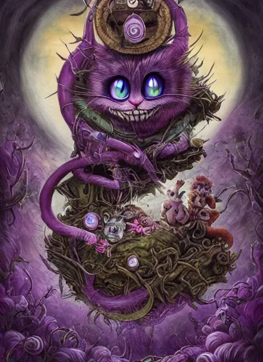 Image similar to cheshire cat strength tarot card, highly detailed, cinematic, 8 k, bymegan duncanson, benjamin lacombe, naoto hattori, adrian borda, giger, trending on deviantart, hyper detailed, horror, full of colour