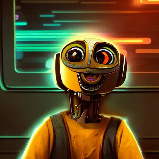 Prompt: portrait of the walle by pixar in the style of cyberpunk neon, art, colorful image, sharp focus, logo, icon, dark background, photo realistic, concept art, unreal render by michal kvac