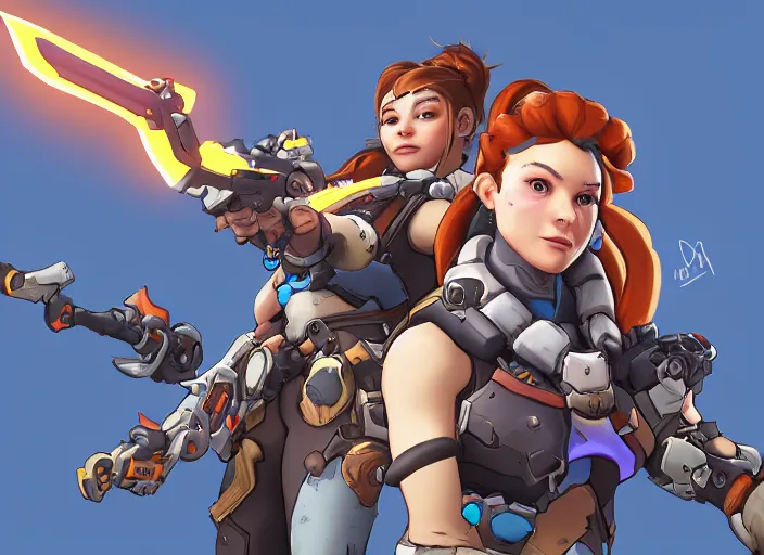 Image similar to overwatch, brigitte, horizon zero dawn, aloy, digital art