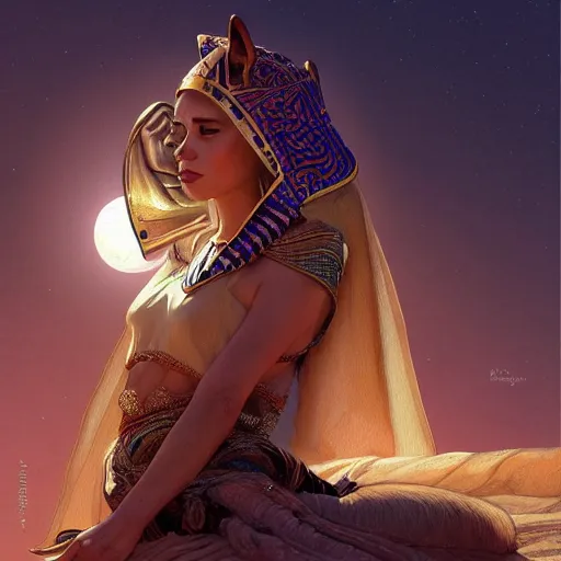Prompt: Portrait of a cat dressed as a Pharaoh, moon in the background, intricate, elegant, highly detailed, digital painting, artstation, concept art, smooth, sharp focus, illustration, art by artgerm and greg rutkowski and alphonse mucha