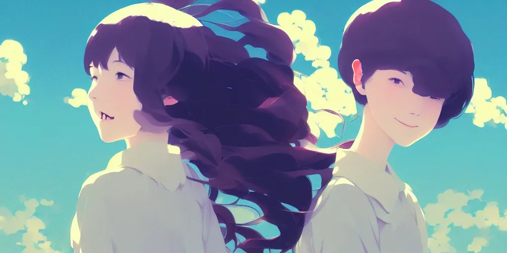 Image similar to portrait of a smiling girl by ilya kuvshinov, cloudy sky background lush landscape ln illustration concept art anime key visual trending pixiv by victo ngai fanbox by greg rutkowski makoto shinkai takashi takeuchi studio ghibli