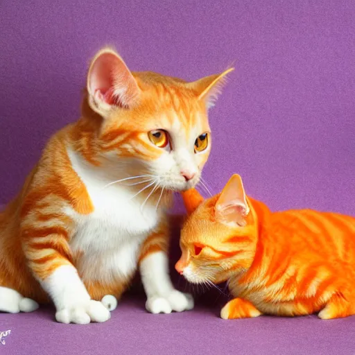 Image similar to tiny adorable purple fantasy dragon cuddles an orange tabby cat, realistic, orange tabby cuddles purple dragon, award - winning photography