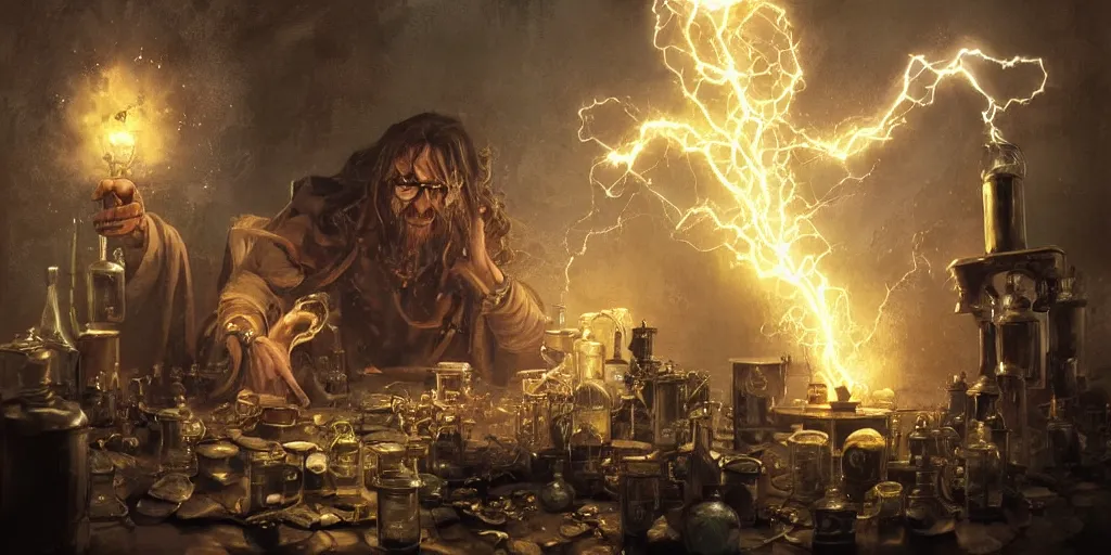 Prompt: forbidden alchemy in the baroque era, mad scientist, chains, jars, lightning, hearthstone art style, epic fantasy style art by Craig Mullins, fantasy epic digital art, epic fantasy card game art by Greg Rutkowski