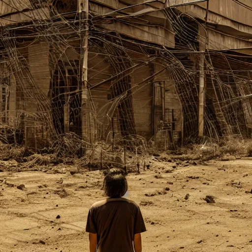 Prompt: a man looking at the sky, texture, brown mud, dust, tangled overhead wires, telephone pole, dusty, dry, pencil marks, genius party,shinjuku, koji morimoto, katsuya terada, masamune shirow, tatsuyuki tanaka  hd, 4k, remaster, dynamic camera angle, deep 3 point perspective, fish eye, dynamic scene