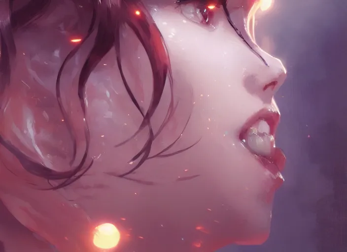 Image similar to closeup of anime girl, smiling, intricate, sharp focus, lens flare, bloom, illustration, highly detailed, digital painting, concept art, matte, art by ruan jia and wlop and greg rutkowski