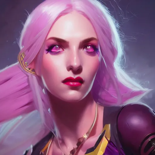 Image similar to Portrait of Jinx from League of legends ,highly detailed, digital painting, artstation, concept art, sharp focus, illustration, art by greg rutkowski and alphonse mucha