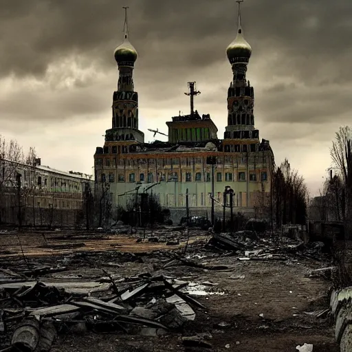 Prompt: A photo of post-apocalyptic Kremlin after the nuclear explosion in Moscow, 4k