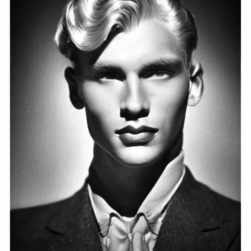 Prompt: a beautiful close - up of a blonde male actor from the 1 9 3 0 s. high cheekbones. good bone structure. dressed in 1 9 4 0 s style. butterfly lightning. key light sculpting the cheekbones. by george hurrell. shallow depth of field, photorealistic, cinematic lighting, dusk.