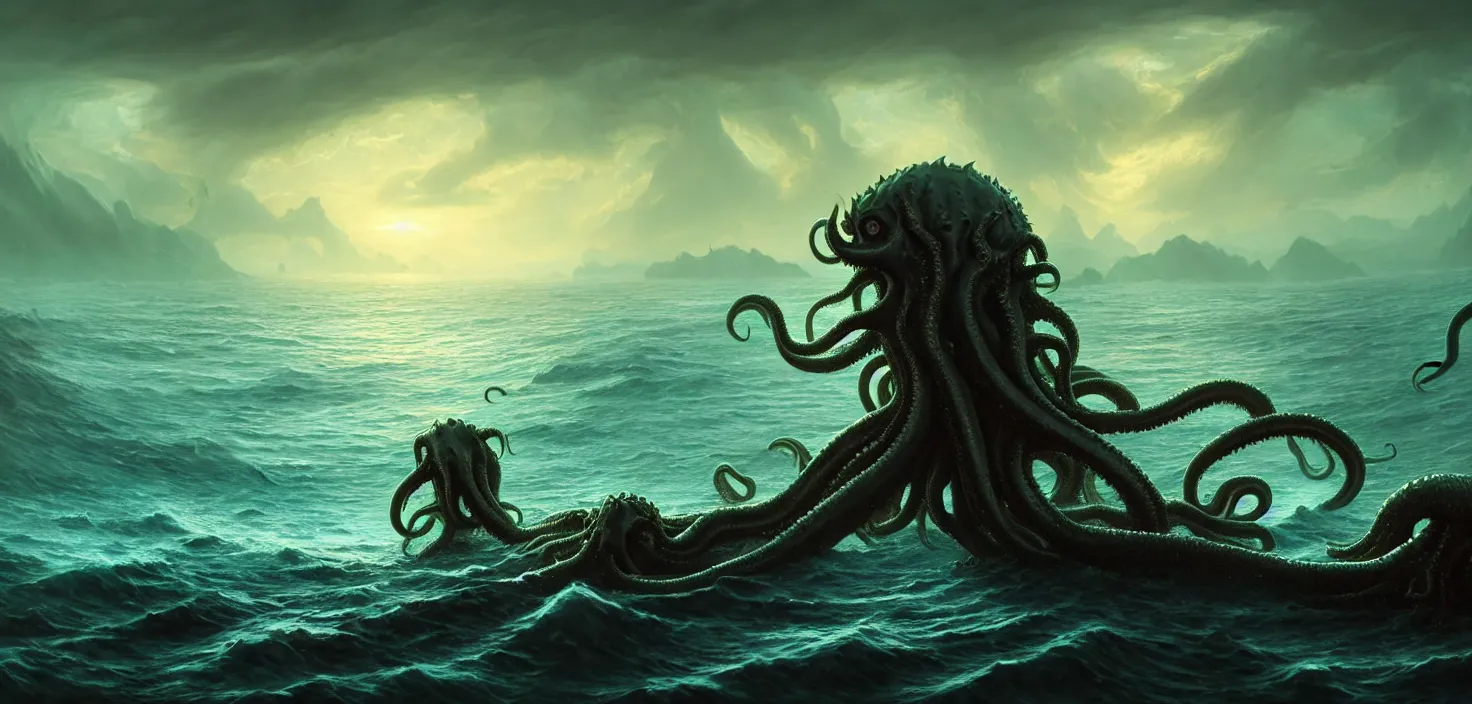 Mysterious monster Cthulhu in the sea, huge tentacles sticking out of the  water, landscape. 3d illustration Stock Illustration