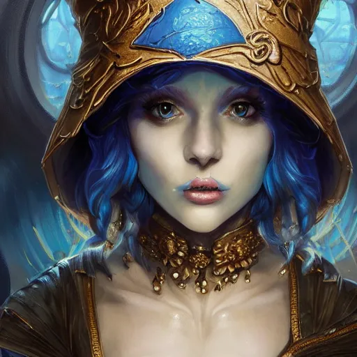 Image similar to a portrait of smurfette as a sorceress, urban motifs, intricate, elegant, highly detailed, digital painting, trending on artstation, concept art, smooth sharp focus, illustration, art by artgerm and greg rutkowski