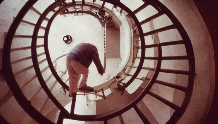 Prompt: 7 0 s movie still of a old man with a spiral stairs in the chest in the hospital, cinestill 8 0 0 t 3 5 mm eastmancolor, heavy grain, high quality, high detail