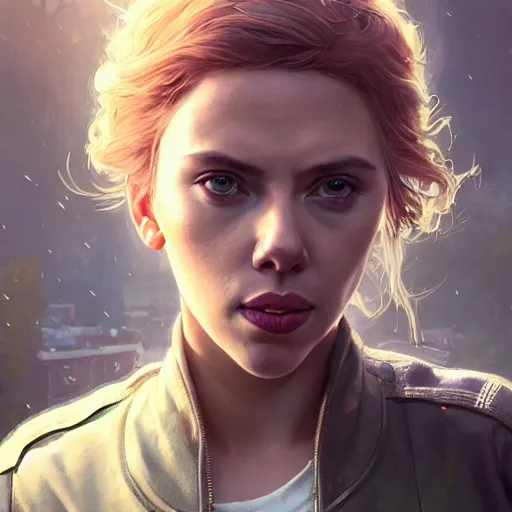 Image similar to highly detailed portrait scarlett johansson, gta v, stephen bliss, unreal engine, fantasy art by greg rutkowski, loish, rhads, ferdinand knab, makoto shinkai and lois van baarle, ilya kuvshinov, rossdraws, tom bagshaw, global illumination, radiant light, detailed and intricate environment