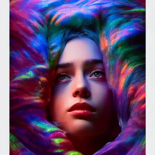 Image similar to floating under portrait made out of paint, photography, highly detailed, beautiful, realistic, holographic undertones, highly saturated colors, epic comic book art, improbable, octane render