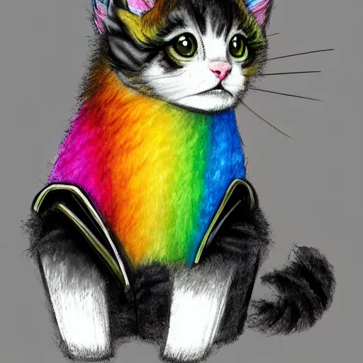 Image similar to wide angle full body, of a fluffy cute rainbow kitten wearing a black motorcycle jacket, concept art