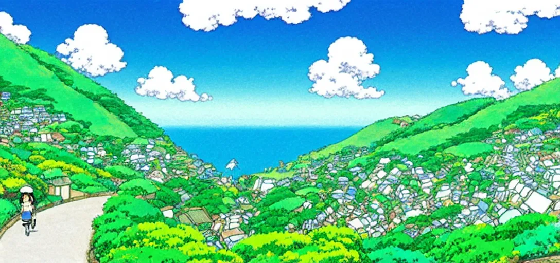 Image similar to studio ghibli hilly countryside and ocean