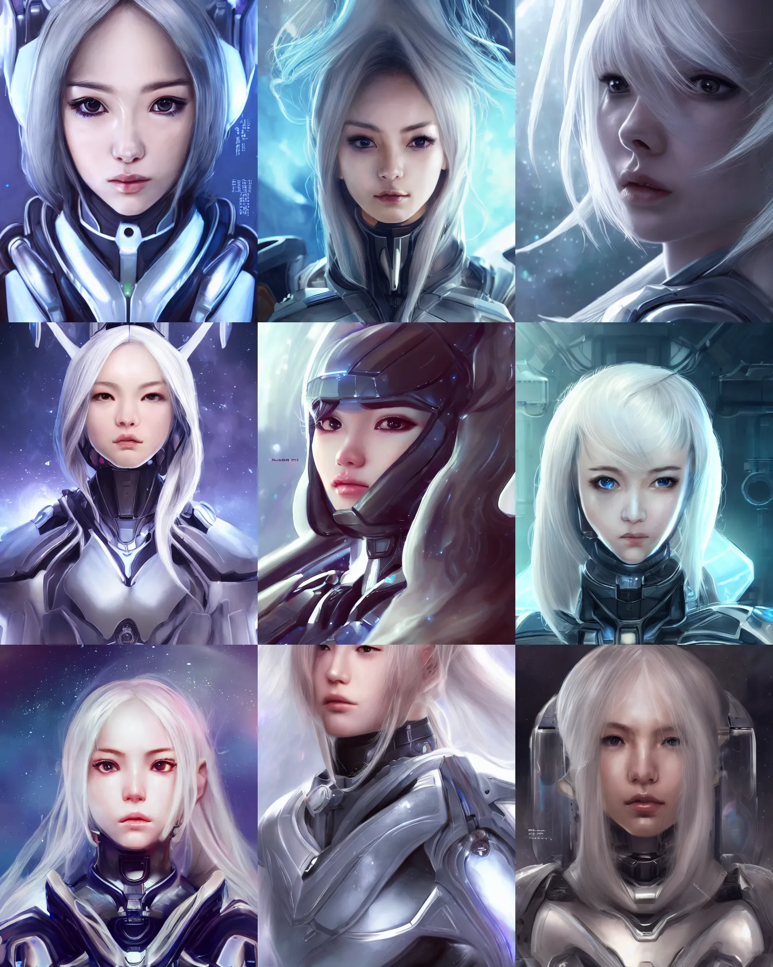 Image similar to detailed portrait of perfect android girl, warframe armor, beautiful face, scifi, futuristic, space station, laboratory, song hye - kyo, dreamy, long white hair, blue cyborg eyes, cinematic lighting, innocent, highly detailed, sharp focus, smooth, artstation, intricate, award winning, pure aura, divine, by akihiko yoshida