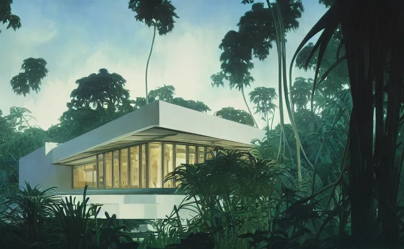 Image similar to painting of a wide angle exterior shot of a white modern architecture in the middle of a tropical forest with cinematic lighting by frank lloyd wright and renzo piano, darek zabrocki and greg ruthkowski, alphonse mucha, simon stalenhag and cinematic and blue cold atmospheric, archillect concept art, artstation, trending on artstation