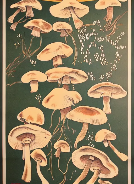 Image similar to a vintage poster of mushrooms