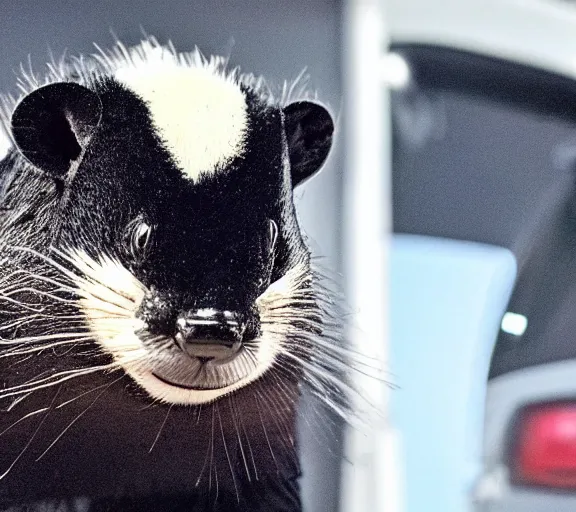 Image similar to elon musk skunk animal mixed together, closeup detailed, tesla car, studio photo