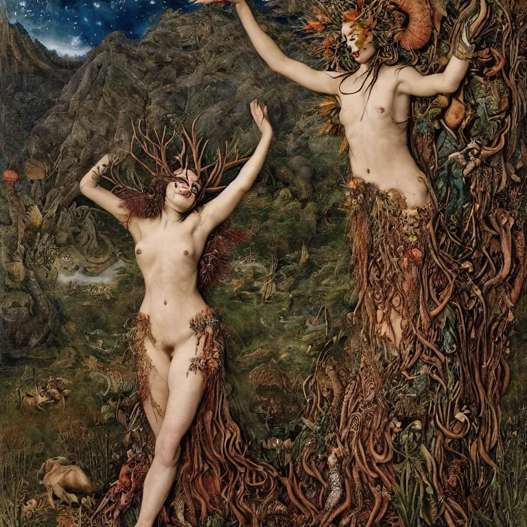 Image similar to a grinning druid dryad with goat pupils transforming herself into a mad beast. her skin is covered in scales and feathers. landscape with mountains, river and night sky. painted by jan van eyck, max ernst and ernst haeckel, trending on artstation, 8 k, award winning, hard lighting, fashion editorial