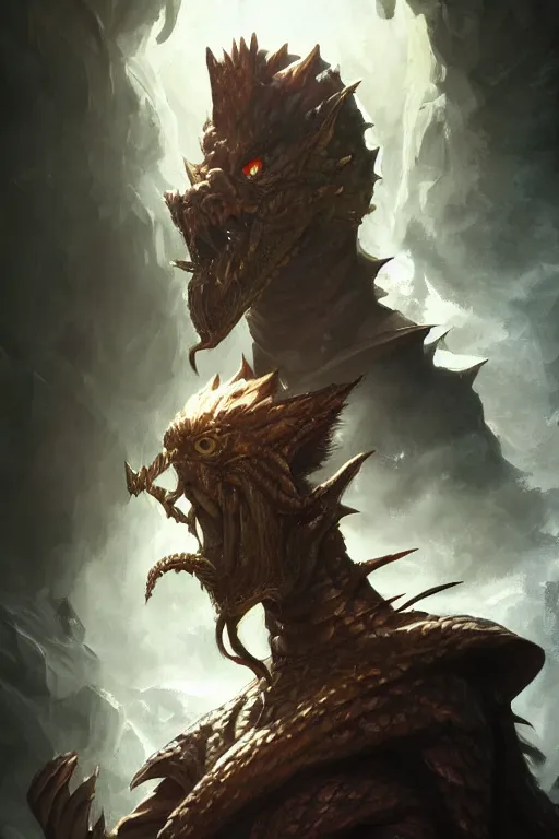 Image similar to dungeons and dragons evil dragon character closeup portrait, dramatic light, dungeon background, 2 0 0 mm focal length, painted by stanley lau, painted by greg rutkowski, painted by stanley artgerm, digital art, trending on artstation