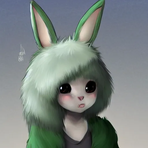 Image similar to little anthropomorphic bunny, green eyes, light brown fur, grey hair, wlop