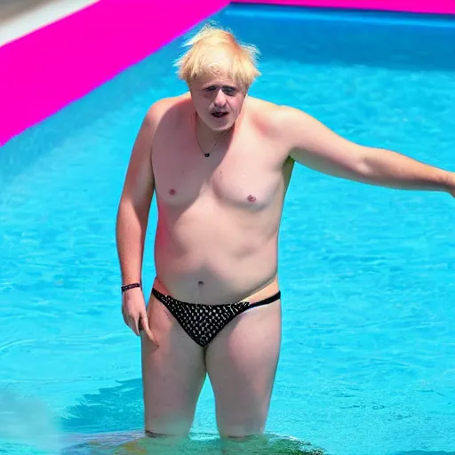 Prompt: Boris Johnson in the love island pool neon flirting with girl