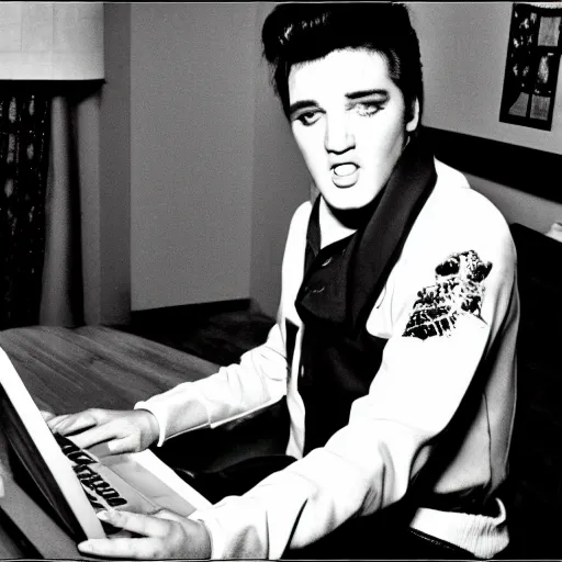 Image similar to Elvis Presley playing minecraft on his laptop, 30mm lens,