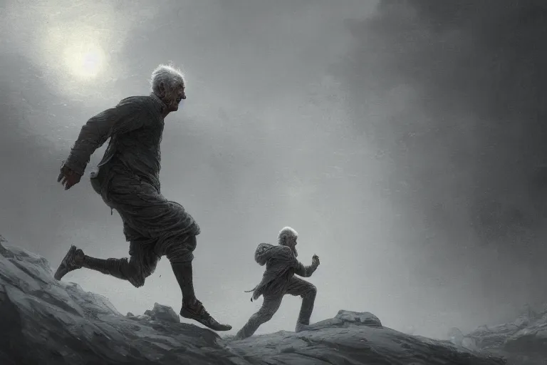 Prompt: Side view of an old man running toward a better future, hyperdetailed, artstation, cgsociety, by greg rutkowski, by Gustave Dore