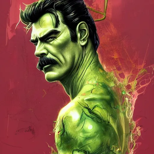 Image similar to a demon slayer portrait of tom selleck, tall, pale - skinned, slender with lime green eyes and long eyelashes by stanley artgerm, tom bagshaw, arthur adams, carne griffiths, trending on deviant art, street art, face enhance, chillwave, maximalist, full of color, glittering