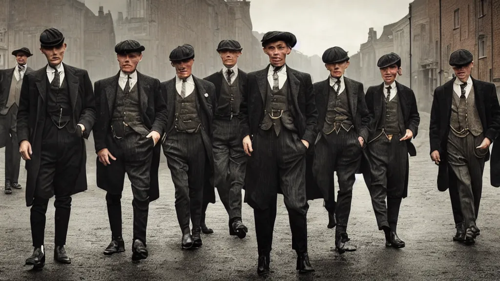 Prompt: a group of human shrimps dressed like the peaky blinders