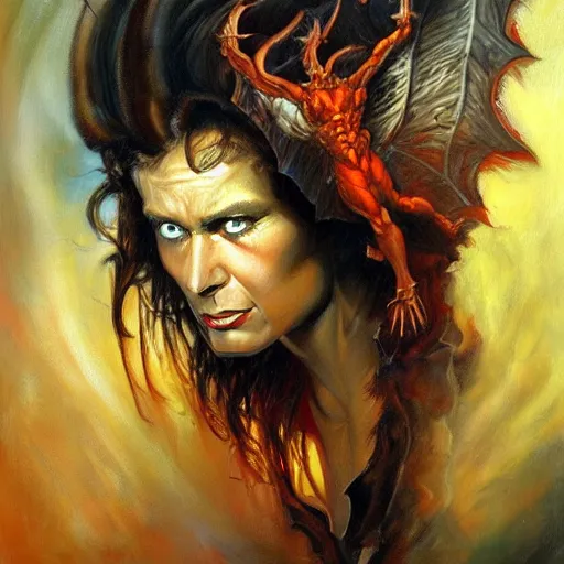 Image similar to detailed portrait of satan if he never fell from heaven lived intricate, hyper detailed, realistic, oil painting, by julie bell, frank frazetta, cinematic lighting