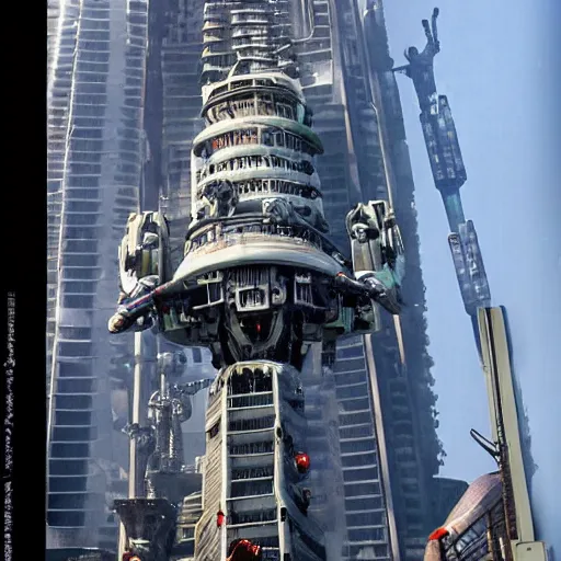 Prompt: giant robot sky scrapper tower, people live inside robot stomach, sci fi, Robotjox, style of The Fifth Element, crowds of people below looking up, George Lucas