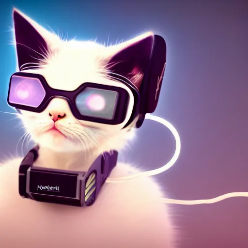 Image similar to crypto trading lyoki kitten from the future, wearing a cool vr headset 8 k hyperrealistic, trending on artstation