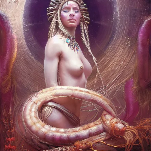 Image similar to birth of mami wata, sumerian goddess inanna ishtar, ashteroth, techno mystic goddess princess intergalactica, with aqua neon rapunzel dreadlocks, mami wata, detailed, by gaston bussiere, bayard wu, greg rutkowski, giger, maxim verehin, greg rutkowski, masterpiece, sharp focus,