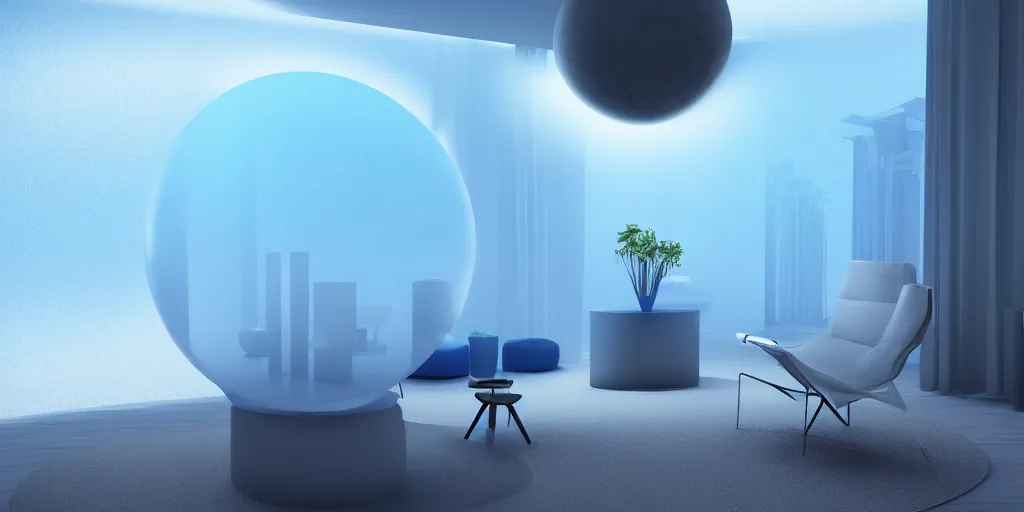 Prompt: Light minimalistic interior with a portal with blue flying mountains inside and a sphere in the center, rays of volumetric light, high realistic, cinimatic, 8k