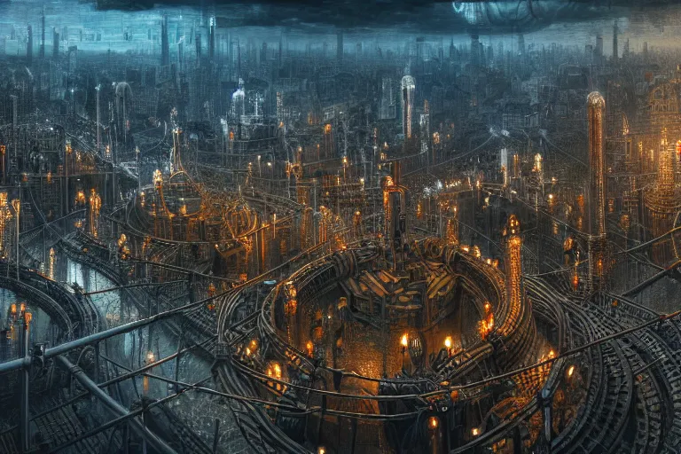 Image similar to an elaborate penned illustration of a apocalyptic intricate connected city of tubes and pipes, by jan van haasteren and jheronimus bosch, unreal engine, physically based rendering, ariel view, tilt - shift, grim, moody, cinematic