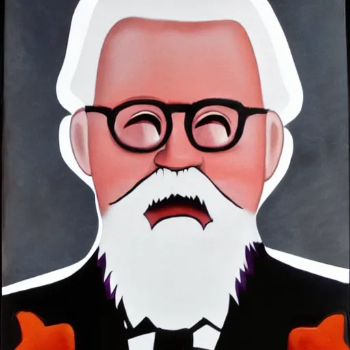 Image similar to deranged and angry colonel sanders, portrait, intense emotion, high detail,