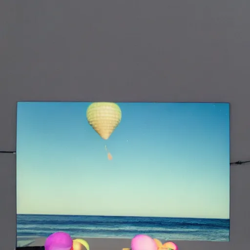 Image similar to a pastel colour high fidelity Polaroid art photo from a holiday album at a seaside with abstract inflatable parachute furniture, all objects made of transparent iridescent Perspex and metallic silver, no people, iridescence, nostalgic