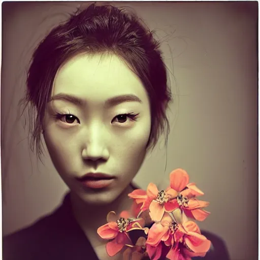 Prompt: A vibrant studio portrait photograph of a beautiful japanese woman with one flower in hairs by Alessio Albi and Nina Masic, trending on instagram, soft focus, vertical portrait, award winning makeup, natural lighting, double exposure, light traces, dramatic shadows, volumeric ghostly rays, f1.8, 50mm, micro details, cottagecore polaroid color scheme, classic chrome, film grain, light cyan, lavender blush, cinematic lighting