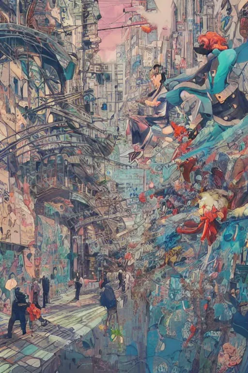 Prompt: people in a busy city covered with graffiti clouds, professional illustration by james jean, painterly, yoshitaka Amano, hiroshi yoshida, moebius, loish, painterly, and artgerm, illustration