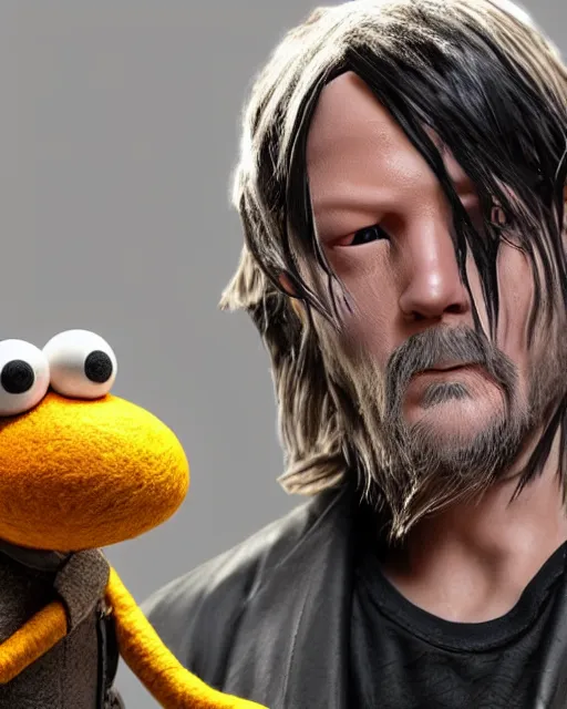 Prompt: death stranding norman reedus as a muppet. highly detailed felt. hyper real photo. 4 k.