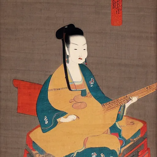 Prompt: the Chinese ancient painting of a lady playing rock guitar in Tang Dynasty , by Han Xizai