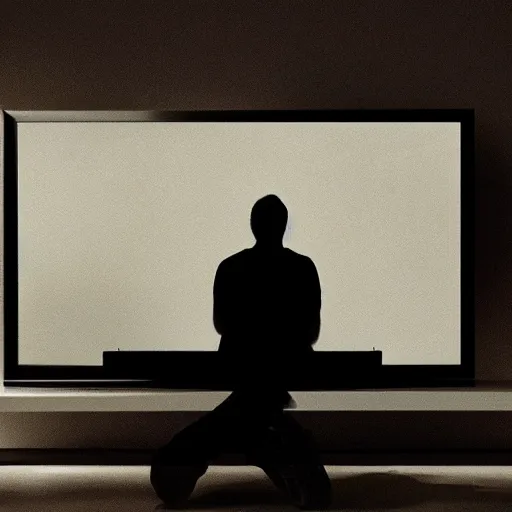 Image similar to cursed photograph of a man watching a shadowy figure on TV, in the style of the movie the pulse,