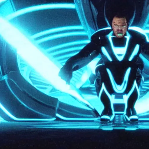 Image similar to a movie still from tron with the balrog from lord of the ring